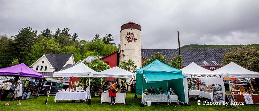 Vendor tents at the Waitsfield Farmers Market in Vermont