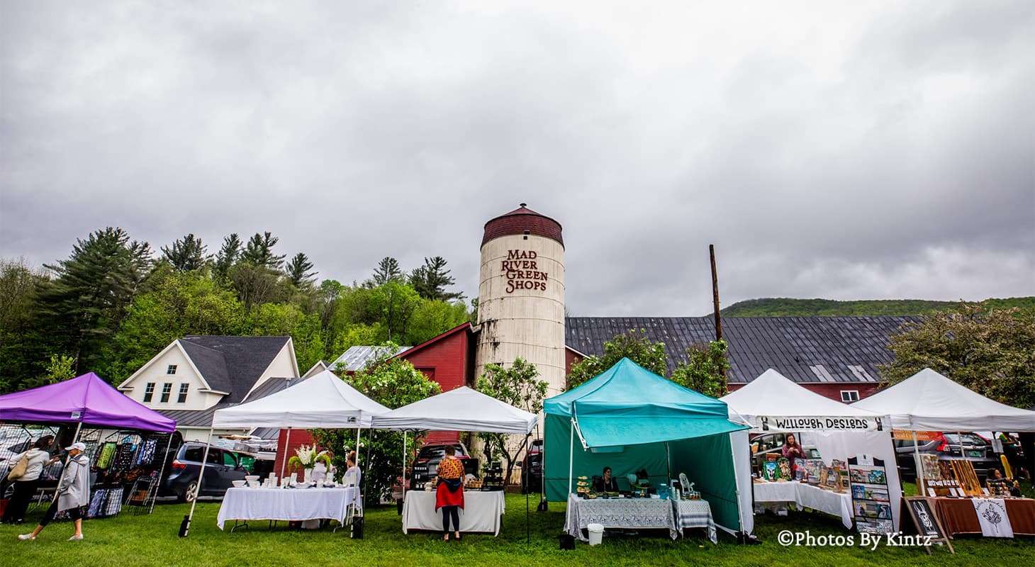 Vendor tents at the Waitsfield Farmers Market in Vermont