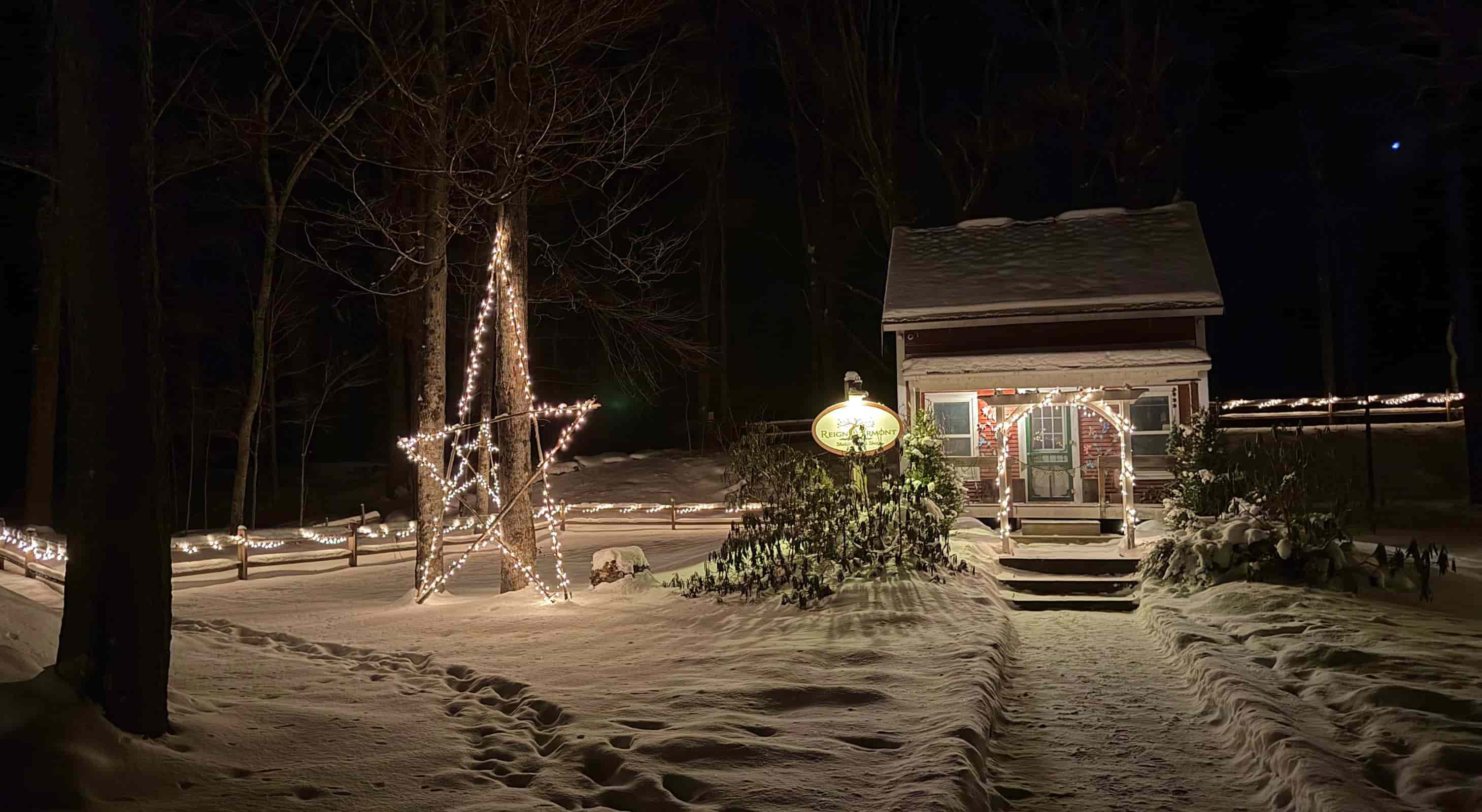 A business in Vermont decorated with a wooden Christmas Star, a Mad River Valley Tradition