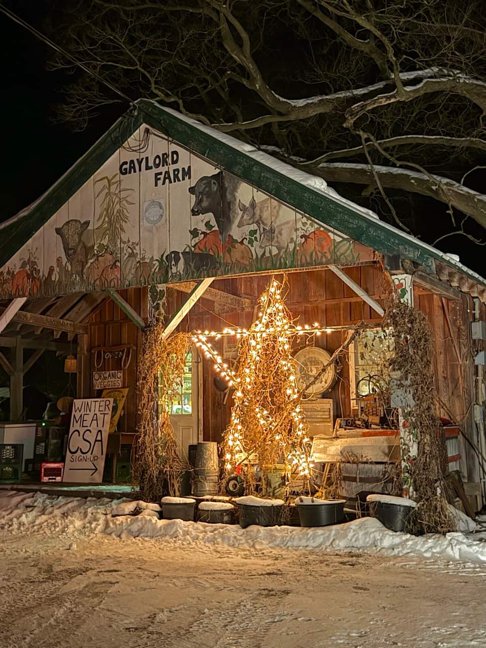 Gaylord Farm in Vermont decorated with a wooden Christmas Star, a Mad River Valley Tradition