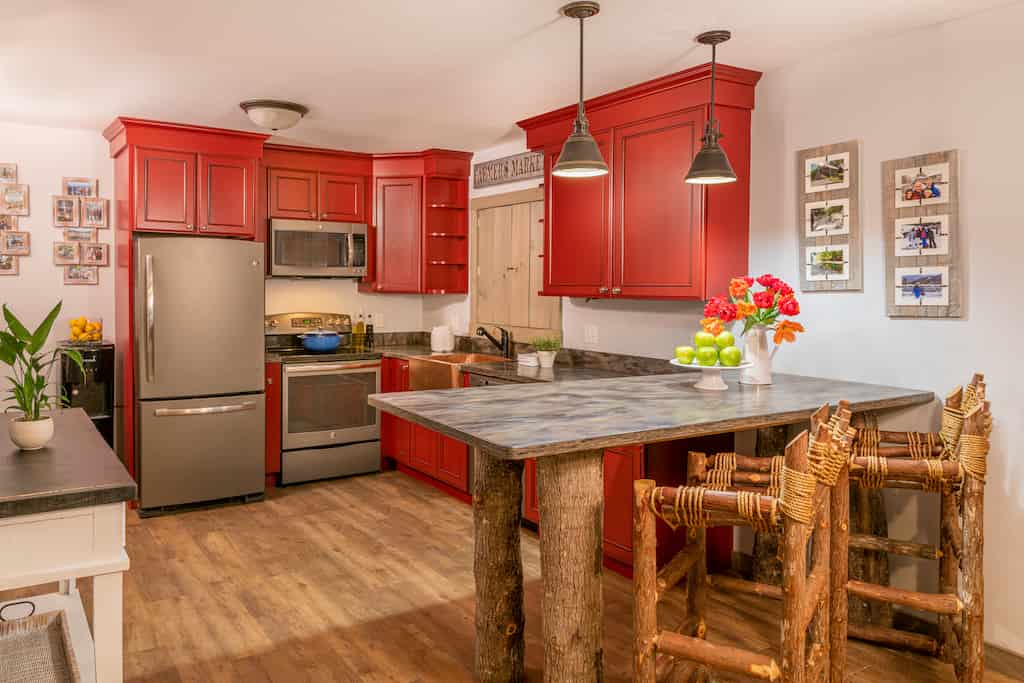 A full kitchen in the Owners' Quarters at our Vermont Lodge