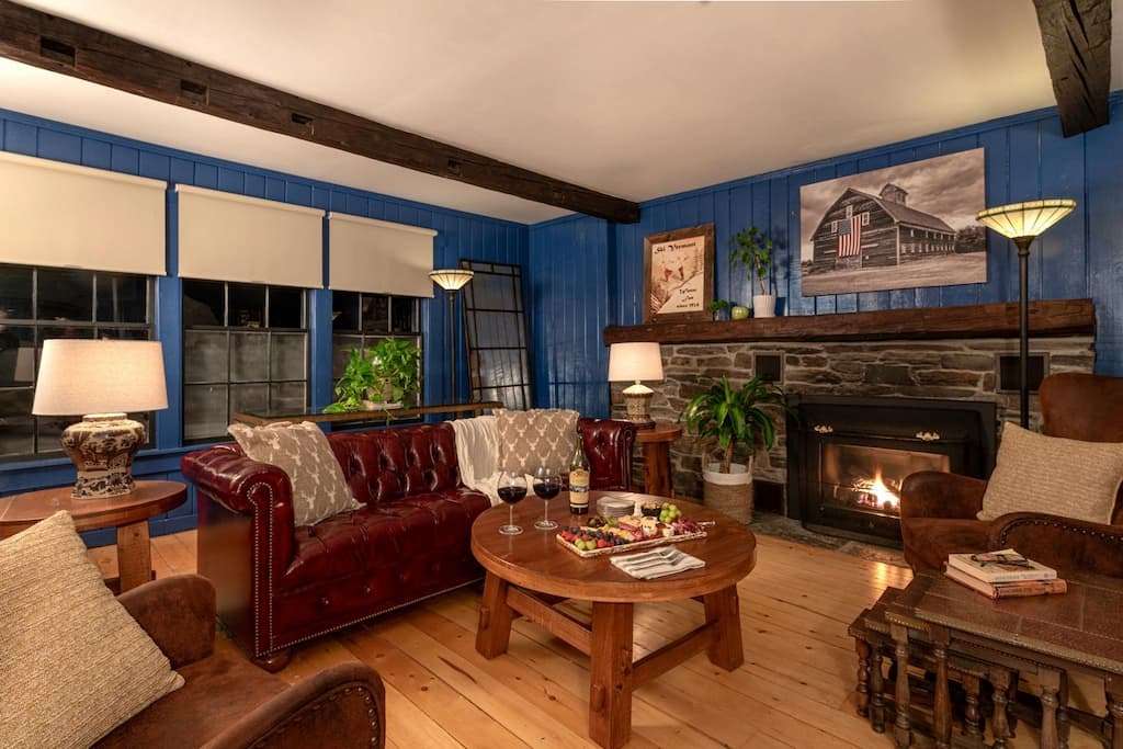 Fireplace seating area at our Vermont lodging