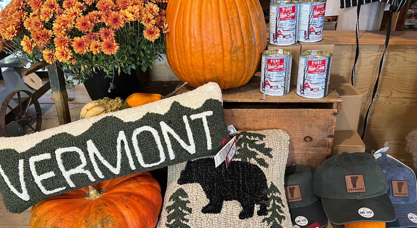 Pumpkins and fall decor at a shop in Warren, VT